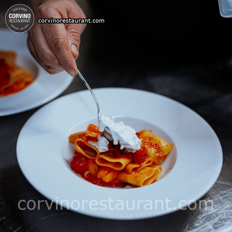 Mezze maniche fresh macaroni pasta with three Tomatoes, Basil and Stracciatella