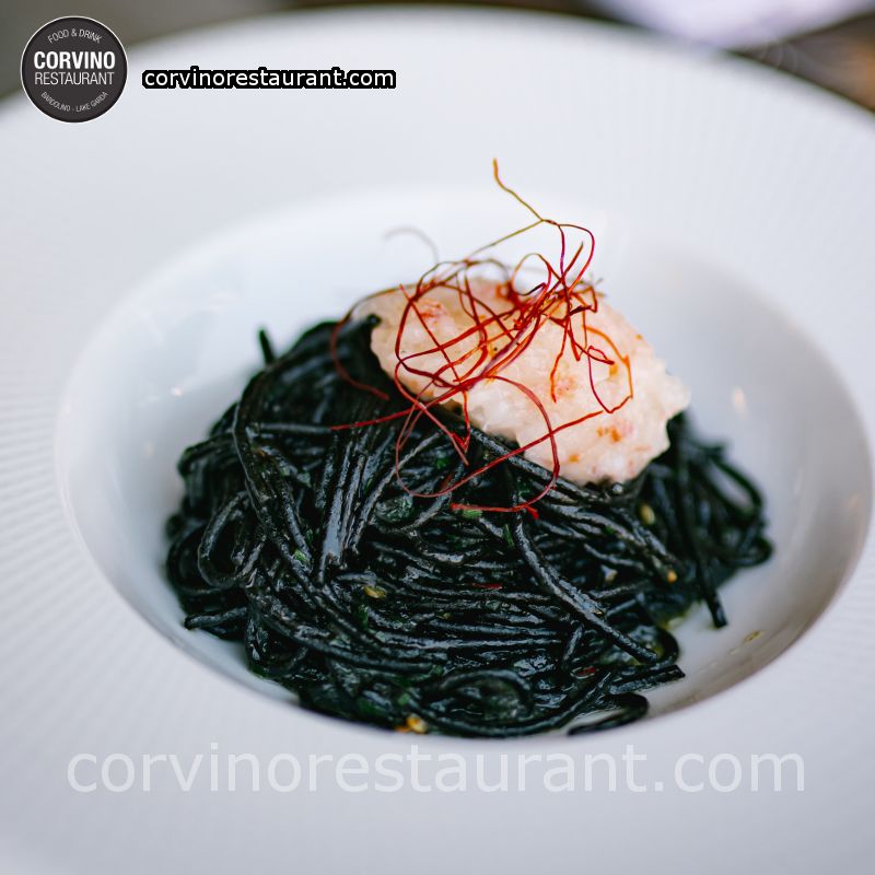 La Molisana spaghetti with garlic, olive oil and shrimp tartare