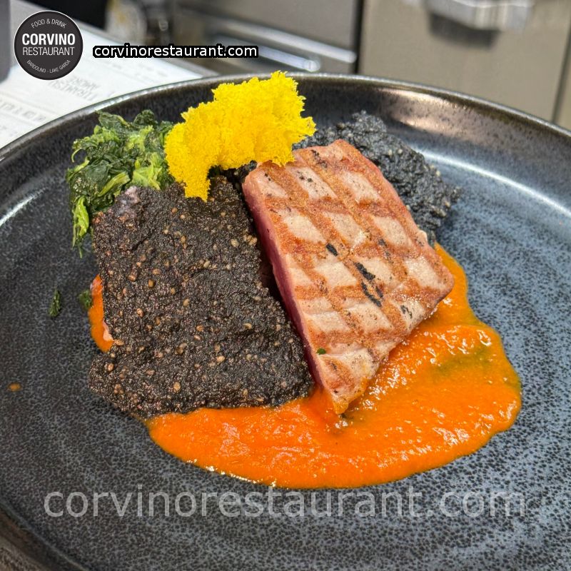 Grilled tuna with pepper cream and black sesame Grilled tuna with pepper cream and black sesame